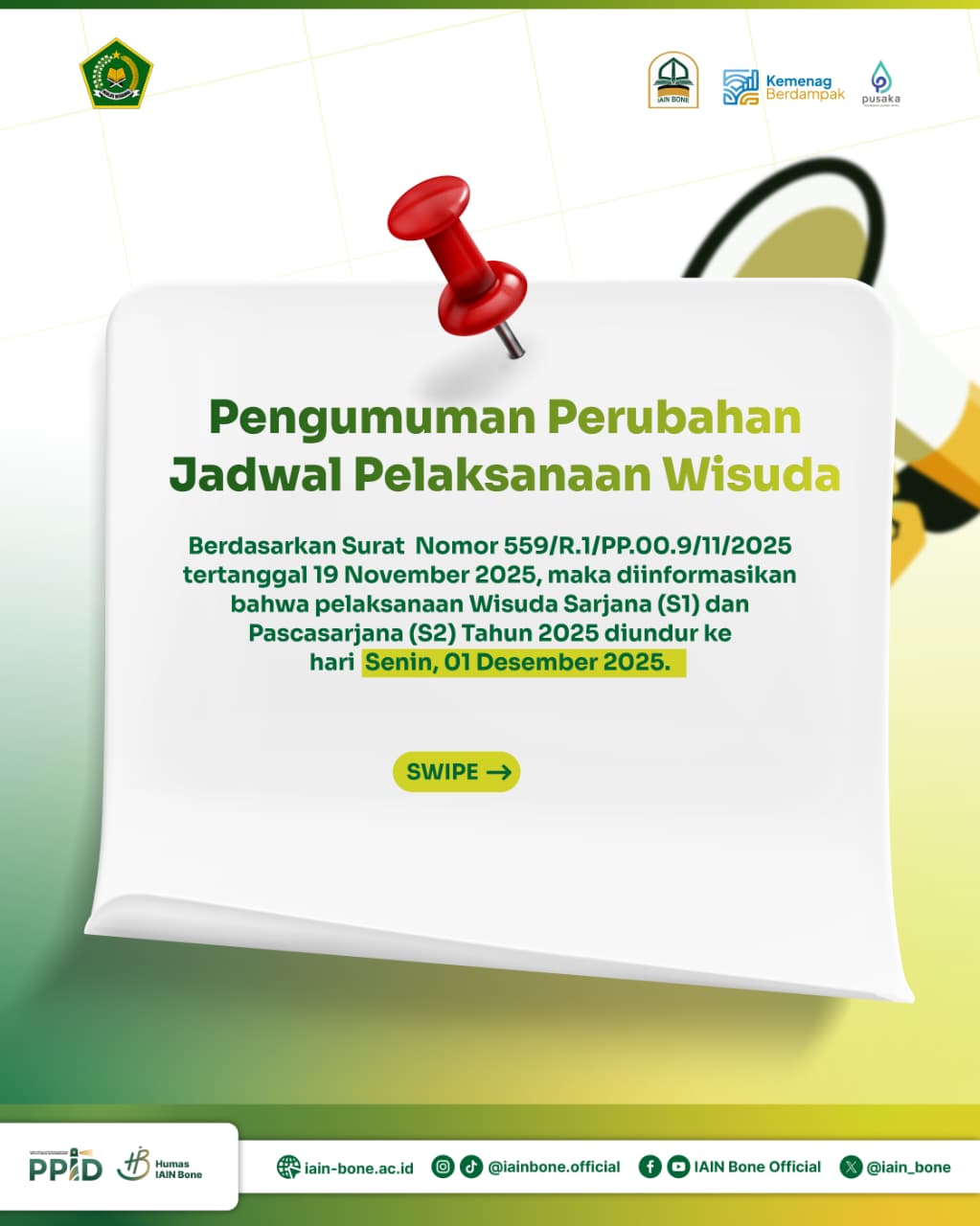 Pengumuman Perubahan Jadwal Pelaksanaan Wisuda